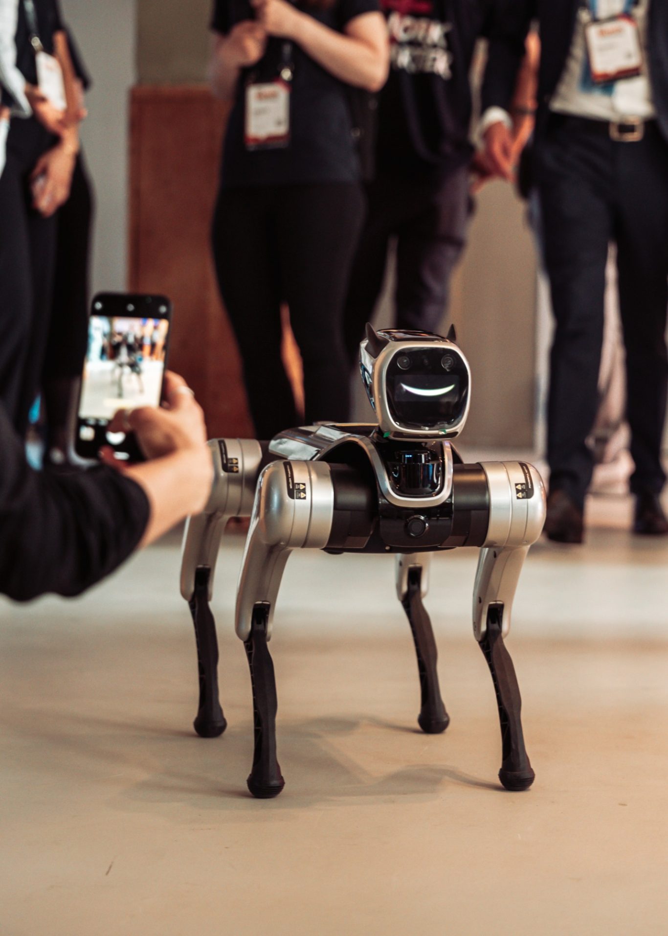 Ein roboterähnlicher Hund steht auf dem Boden und wird fotografiert.